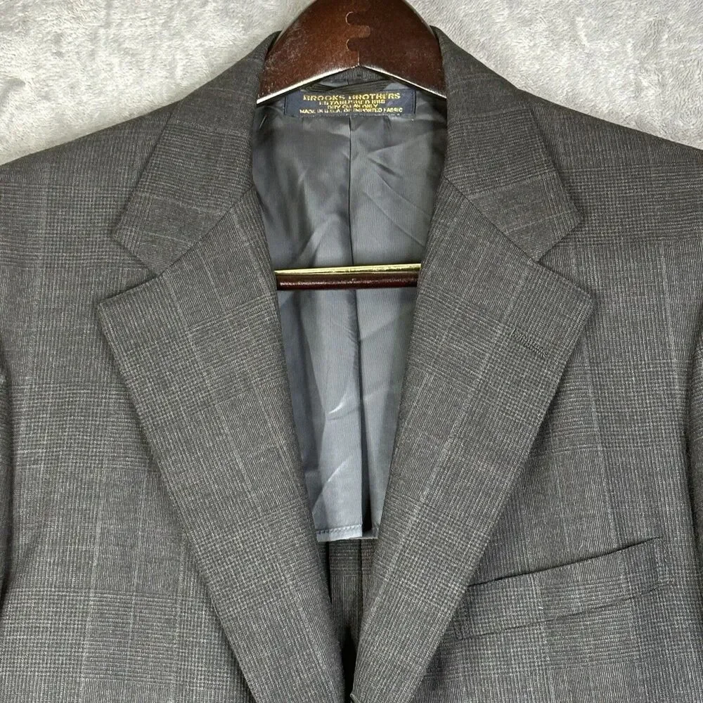 Vtg Brooks Brothers Blazer Men 42 Long 3 Button Pure Wool Gray Blue Plaid Jacket